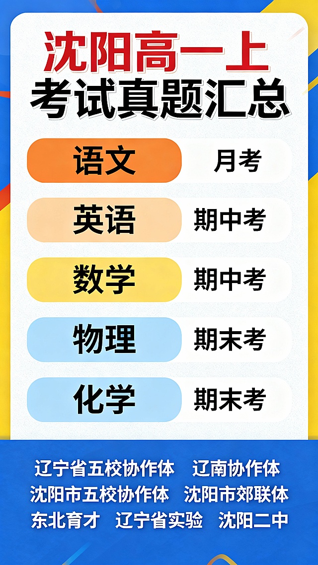 沈阳高一上考试真题汇总海报，画面上方有醒目的标题“沈阳高一上考试真题汇总”，下方分区域展示各学科：语文、英语、数学、物理、化学，每个学科旁标注对应的考试类型：月考、期中考、期末考，底部列出相关学校：辽宁省五校协作体、辽南协作体、沈阳市五校协作体、沈阳市郊联体、东北育才、辽宁省实验、沈阳二中，整体布局清晰，信息层次分明，色彩搭配简洁明快，适合学习资料宣传使用