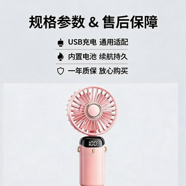 [主图-10] 可折叠数显小风扇规格售后总结页；
[氛围风格] 安心可靠，总结清晰；
[画质] 商业信息图质感，参数清晰可读，产品展示完整。
[元素] 产品图放置画面下半部分，上半部分分条列出核心规格预览效果