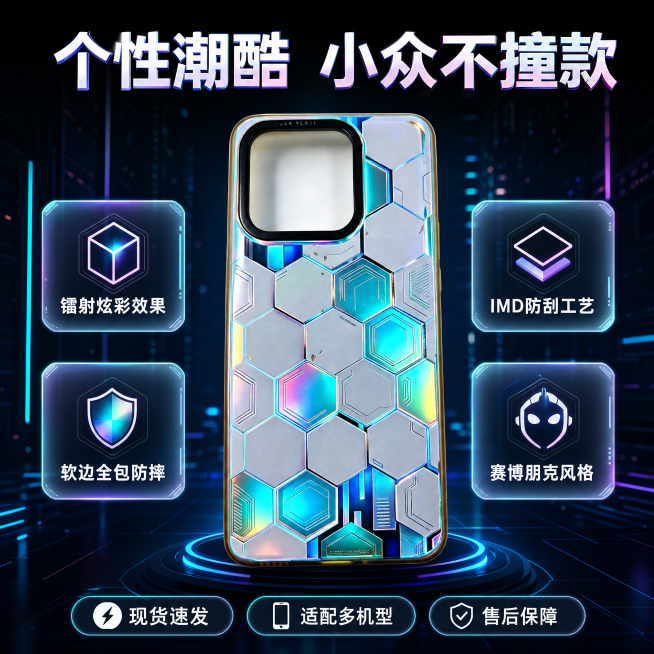 [主图-5] 镭射六边形手机壳风格定位与售后展示。
[氛围风格] 潮酷个性定位，总结展示
[画质] 商业摄影质感，清晰整洁
[元素] 手机壳居中放置，保持产品外观与原图完全一致，背景搭配简单赛博朋克风预览效果