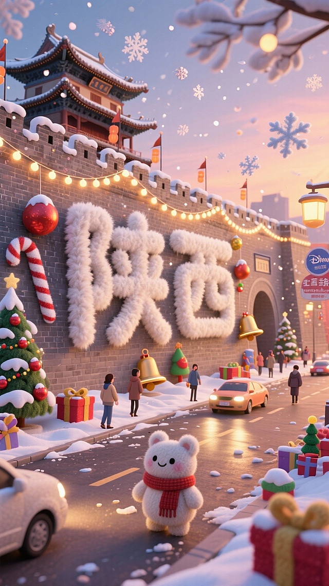 软3D风融合毛发生长字效，卡通萌熊点缀雪夜古城，喜庆灯饰与梦幻雪花交织，大字“陕西”温暖迎节，童趣十足的节日氛围。