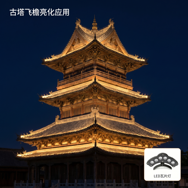[场景图2] LED瓦片灯古塔屋檐夜景亮化场景展示。[氛围风格] 宏伟古风夜景，突出建筑层次感。[画质] 商业摄影质感、清晰通透、夜景真实高级。[元素] 古塔飞檐夜景，多层屋檐瓦片安装本LED瓦片灯，预览效果