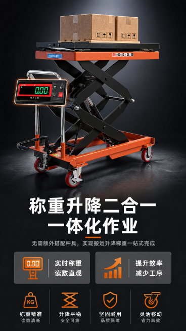 [第3屏] 称重升降合一功能卖点页，突出手动升降平台车称重升降二合一一体化设计。本屏使用【图1】作为产品主体，重点展示电子称重部分。
[氛围/风格] 专业功能解析风，深色背景突出产品核心结构，清晰有说预览效果