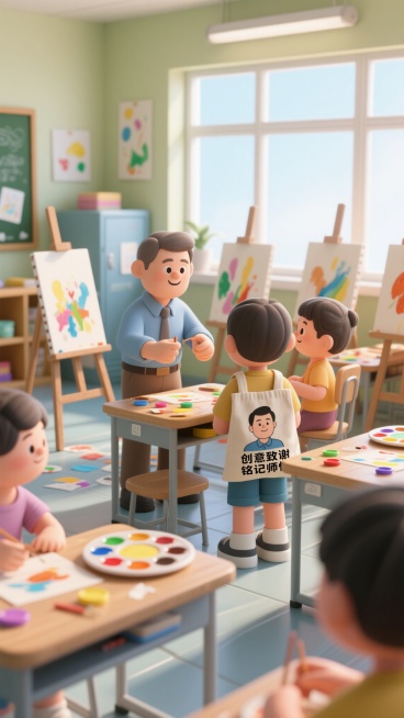 美术教室场景，画架林立，颜料盘散落在桌面上，老师正在指导学生画画，学生偷偷将一个定制帆布包放在身后，帆布包上印着老师的头像，明亮的自然光从窗户洒入，整个画面充满艺术感，活泼有趣，“创意致谢，铭记师情”预览效果