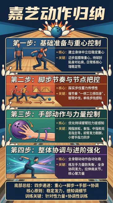 ### 嘉艺动作归纳
竖版16:9尺寸，保龄球主题

### 卡片核心关键短句（提取精简，适配排版）
# 嘉艺动作归纳
### 第一步：基础准备与重心控制
核心：建立身体中立位，稳定重心
关键：迈步屈预览效果