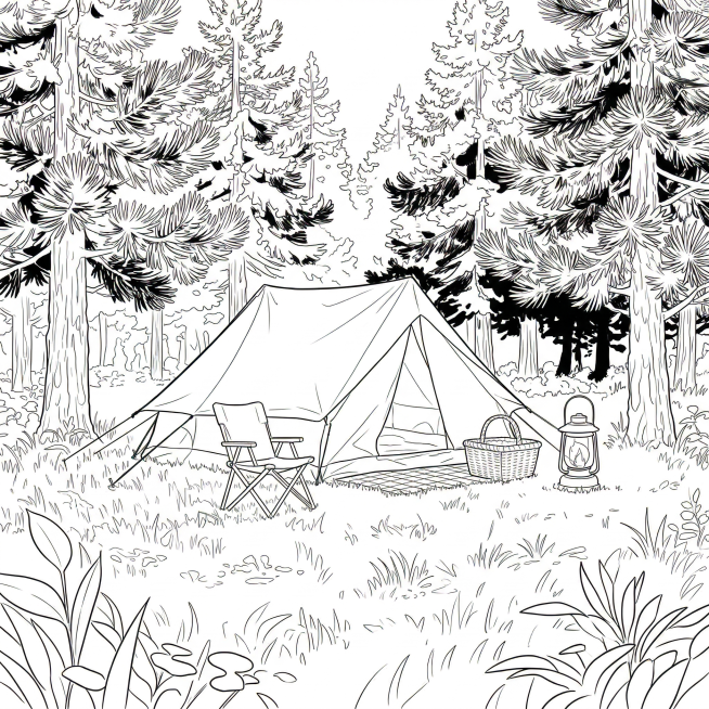 将这张露营插画转换为清晰的黑白线稿，保留所有场景细节，线条流畅干净，无多余色彩和阴影预览效果