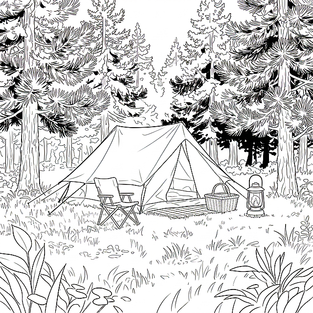 将这张露营插画转换为清晰的黑白线稿，保留所有场景细节，线条流畅干净，无多余色彩和阴影