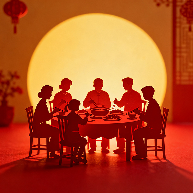 阖家团圆吃年夜饭的剪影形象，一家人围坐在餐桌旁，灯火暖黄背景，简约红色喜庆风格，轮廓清晰，节日氛围浓厚
