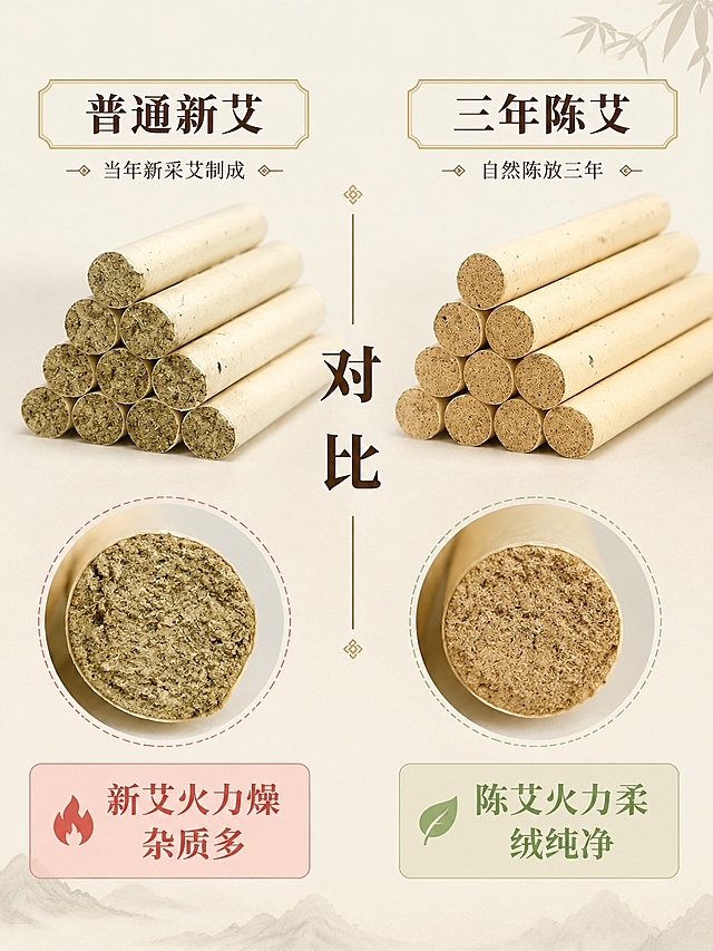 [第2屏] 痛点对比页-普通新艾vs三年陈艾对比展示。本屏使用【图1】作为产品展示主体。
[氛围/风格] 新中式对比排版，清晰直观，传统养生专业感，配色干净素雅。
[元素布局] 左右分栏对比构图，左栏展示普通新艾，右栏展示本品三年陈艾；中间用文字分隔；每栏上方标注品类，下方放产品切面特写；保留本品艾条特征与输入产品图一致。左栏痛点标注「新艾火力燥  杂质多」，右栏优势标注「陈艾火力柔  绒纯净」。
[光影质感] 均匀柔光照明，左右明暗一致，产品切面纹理清晰可见。
[配色色系] 全局底色 #F8F4E9；主色米白+棕褐；辅助色浅绿标注优势，浅红标注痛点。
[视角构图] 左右对比，平视视角，均衡构图，信息层级清晰。
[文字版式] 顶部分栏标题，左栏「普通新艾」右栏「三年陈艾」，加粗字体；下方对应产品和卖点标注，文字不遮挡主体，大小适中易读。
[比例分辨率] 3:4 竖版比例，4K分辨率，文字清晰可辨，高清画质。
[负向提示词] 产品变形，文字错乱，左右比例失衡，颜色偏差，水印，背景杂乱。