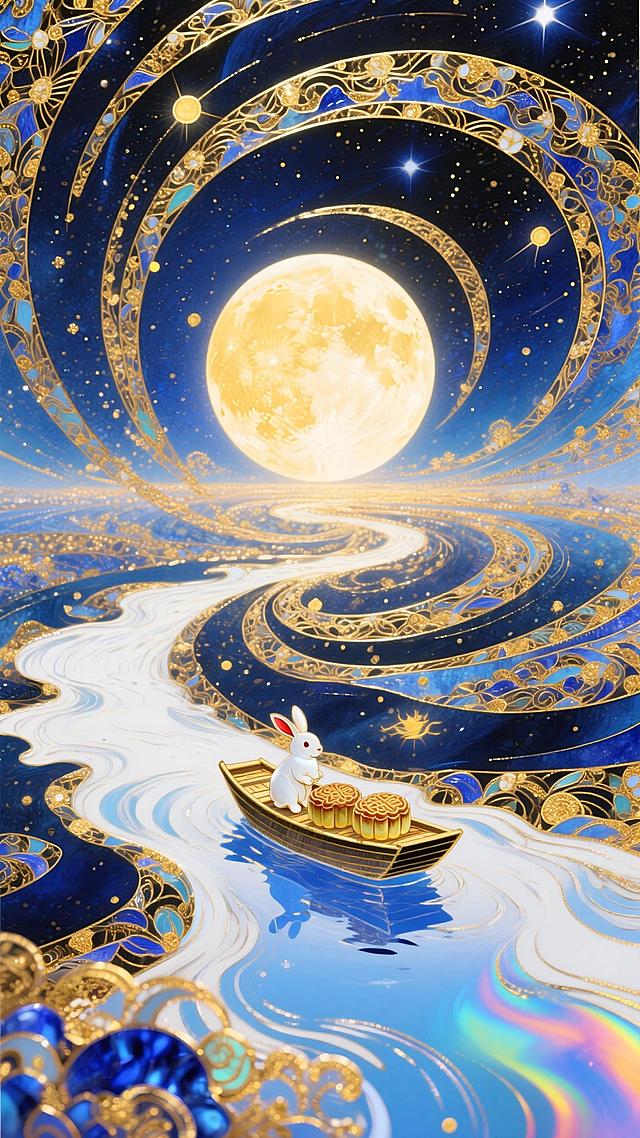 梦幻奇幻风格，全景，小船（漂浮在蓝白色河流上，船上有玉兔和两个月饼 ）居画底部，星空漩涡从小船向四周扩散成漩涡状星空（深金色交织） ，中央巨大的发光满月，超现实的星空河流世界，梦幻感，色彩以深邃蓝、暖黄为主，搭配金色点缀