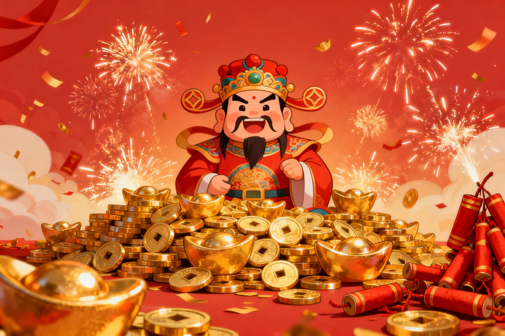 初五迎财神的插画：开业鞭炮、财神形象、元宝金币预览效果