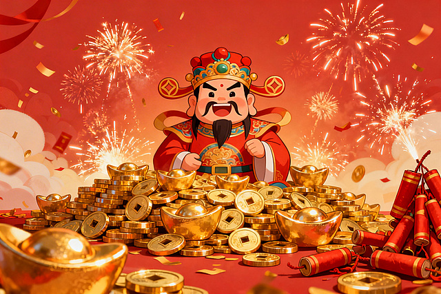 初五迎财神的插画：开业鞭炮、财神形象、元宝金币