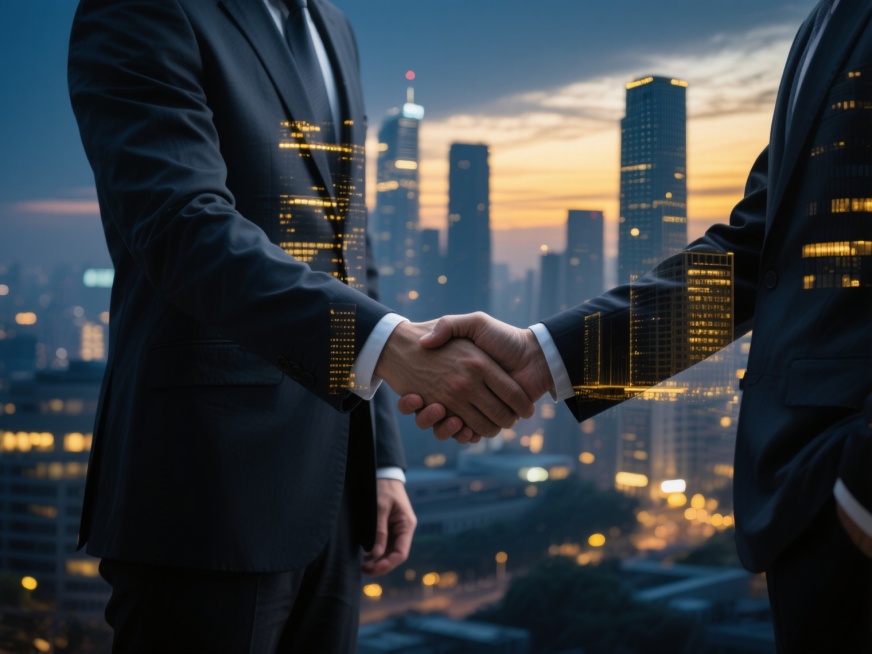 商业风格的双重曝光摄影，两位穿着深色西装的商人正在握手，手部特写占据画面中心，姿态自然有力，背景是城市夜景与黄昏天空的双重曝光效果，建筑轮廓清晰，灯光璀璨，整体色调改为沉稳的深蓝色与金色渐变，光影对比强烈，高光处有金色点缀，阴影部分呈现深蓝黑色，营造专业、信任、合作的氛围，画面构图平衡，视觉焦点突出，具有现代商业海报的设计感。预览效果