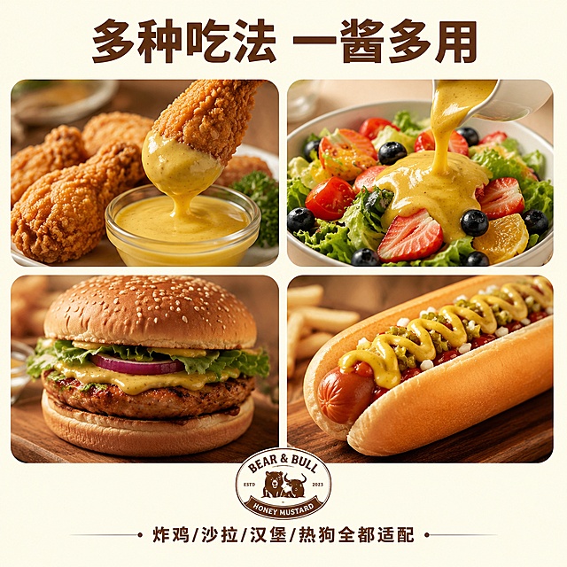 [第6屏] 多场景食用展示屏，适配炸鸡、沙拉等多种食材。
[氛围/风格] 多样搭配拼图风，轻松生活化，真实美食场景质感。
[元素布局] 2×2 圆角拼图排版，四个场景分别是：炸鸡蘸酱、水果沙拉淋酱、汉堡涂抹酱、热狗挤酱；每个场景都能看到蜂蜜芥末酱搭配后的成品效果，四个拼图大小均匀，产品品牌标识放置在底部居中，占比约10%。
[光影质感] 每个场景都使用自然柔和光线，保留食物原本的色泽和食欲感，整体光影统一。
[配色色系] 全局底色 #FFFFF0；主色食物自然色，酱料暖黄色为统一点缀色，深棕色文字。
[视角构图] 拼图网格构图，每个场景都是平视小视角，整体规整信息丰富。
[文字版式] 顶部主标题「多种吃法 一酱多用」，底部标注「炸鸡/沙拉/汉堡/热狗全都适配」，文字位于上下留白，不遮挡拼图场景，字体风格统一，清晰可读。
[比例分辨率] 1:1 正方形比例，2K分辨率，文字清晰可辨，高清画质。
[负向提示词] 场景模糊，食物不新鲜，文字遮挡主体，拼图比例失调，水印。