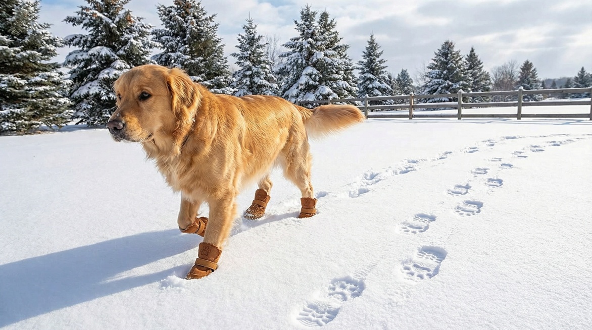 以图中的狗狗雪地靴为元素,冬天狗狗穿着雪地靴,设计4张跟狗狗雪地靴有关的图,物体主体特征不变，比例 「16:9」预览效果
