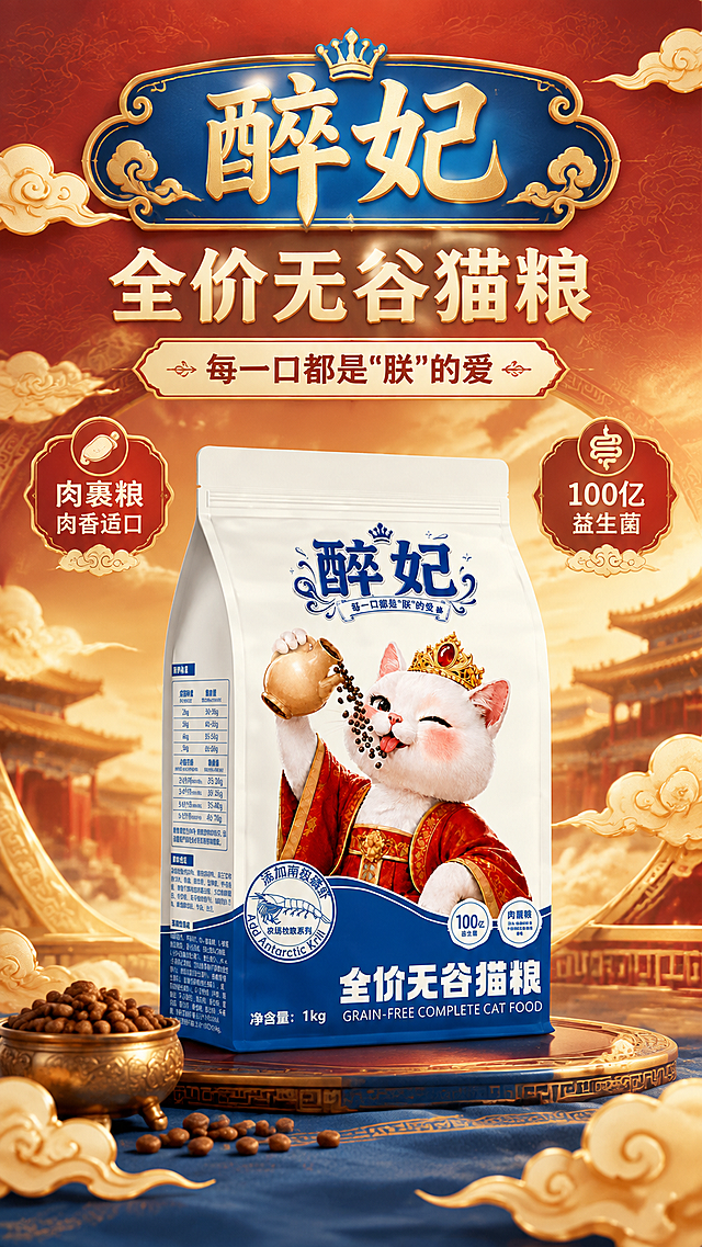 [商品] 使用【图1】醉妃全价无谷猫粮1kg包装袋；保留白色袋身、蓝色"醉妃"品牌字、皇冠小标、"每一口都是朕的爱"slogan飘带、戴皇冠穿红袍的白色猫咪IP形象、底部蓝色区域"全价无谷猫粮"字样、"添加南极磷虾"圆形标、"100亿益生菌"圆形标、"肉裹粮"圆形标、净含量1kg字样，以及包装上所有原有文字和图案；包装结构、比例、颜色完全保真，仅做清晰化处理。
[画面] 目标：国潮宫廷风头图海报，突出品牌记忆点与产品全貌。构图：上文下图竖版布局，产品包装袋位于画面中下部，占画面约55%，正面微侧角度展示；上方留白区域放主标题和副标题；前景散落少量猫粮颗粒和金色宫廷祥云装饰；背景为渐变的宫廷红与暖金底色，搭配中式云纹、回纹底纹，营造华贵温馨的国潮氛围；画面层次：前景猫粮颗粒+中景产品主体+远景宫廷云纹背景，共3层以上。
[视觉] 套系策略：风格=国潮宫廷风商业摄影+插画融合，温馨华贵宠物食品感；标题字=国潮书法粗体，带中式装饰边角；正文字=简洁圆润无衬线体；主色=宫廷深蓝+暖金；背景延展=基于宫廷深蓝和暖金做深浅渐变、同色系云纹底纹、纸张质感；强调色=朱红，仅用于小面积标签、图标、引线和装饰元素；标题色=暖金色；正文色=深炭灰；组件=圆角金边信息卡、中式云纹分割线、宫廷风图标；光影=正面暖柔光，产品立体感强，底部有柔和投影。
[文字] 上方居中主标题："醉妃 全价无谷猫粮"，副标题："每一口都是"朕"的爱"；下方产品两侧用小图标+短文案点缀2个核心卖点："肉裹粮 肉香适口"、"100亿益生菌"；所有文字横向排版，字号保证手机端清晰可读，不遮挡产品主体和猫咪IP形象。
[规格] 图片比例9:16竖版，4K，负向提示：避免变形、错字、文字过小、冷蓝灰背景、包装文字错乱、产品结构改变、出现平台名称、出现绝对化用语、出现功效类表述。