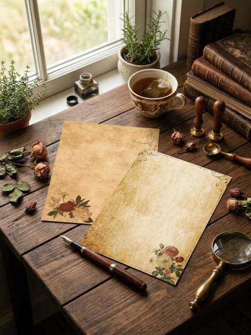 临窗的复古木质书桌，自然光洒入，将提供的复古花纹信纸平铺在桌面上；书桌周围摆放着钢笔、几束复古玫瑰花、复古书本、泡有茶叶的陶瓷马克杯、木质印章与金属放大镜。写实治愈系生活摄影风格，右侧高空俯视构图，轻预览效果