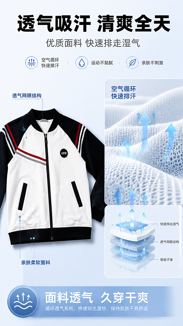 [第3张] 透气吸汗功能解析页-秋季运动套装面料透气原理。本张使用【图3】上衣作为商品主体，展示面料透气功能。
[氛围/风格] 科技功能解析风，清爽透气感，可视化示意，商业摄影质感。
[元素布局] 画面左侧展示运动套装上衣正面平铺，占比约45%，白身黑袖拼红白条装饰、棒球领、黑色拉链、圆形徽章、黑色口袋，产品外观与输入图一致；右侧为面料微距放大图+透气原理示意图，可见面料纤维纹理和空气/水汽穿过面料的箭头动效，表现透气排汗。
[光影质感] 均匀柔光，面料纹理清晰，透气箭头用淡蓝色发光效果，整体通透清爽。
[配色色系] 全局底色 #F0F7FF 淡蓝色；主色白+藏青；辅助色浅蓝+天蓝；点缀色红色条纹。
[视角构图] 左右分栏布局，左产品右功能解析，阅读动线从左到右再从上到下。
[文字版式] 顶部主标题「透气吸汗 清爽全天」黑色粗体大字；副标题「优质面料 快速排走湿气」灰色中字；左侧产品旁引线标注「透气网眼结构」「亲肤柔软面料」；右侧功能区配文字「空气循环 快速排汗」「运动不黏腻」「亲肤不刺激」；底部信息条：「面料透气 久穿干爽」。文字清晰，不遮挡产品主体。
[比例分辨率] 9:16竖版比例，4K分辨率，文字清晰可辨，高清画质。
[负向提示词] 服装变形，颜色偏差，缺件错件，结构错误，水印，文字错乱，文字过小，产品模糊，背景杂乱。