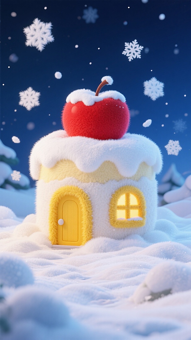 画面中心是蛋糕形状的小房子（黄色门和窗），屋顶覆盖白雪，房顶上有一个巨大的被雪覆盖的红色苹果，黑夜的天空，周边飘着白色雪花，地面有积雪