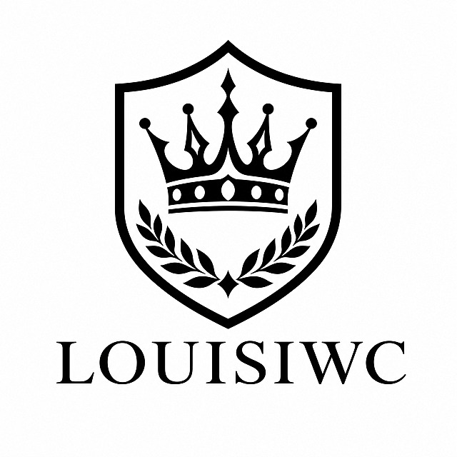 高端手表品牌LOGO设计第三款（修正版），严格左右对称。

品牌名：LOUISIWC

设计要求：
- 外部形态：盾形（盾牌形状），严格左右对称
- 内部设计：皇冠造型，严格左右对称，置于盾形中央偏上
- 皇冠下方可以有对称的装饰线条或月桂叶元素
- 整体完全左右对称，没有任何不对称的元素
- 风格：尊贵、经典、大气，类似劳力士的王者气质
- 所有线条内部相连，方便金属标牌一体成型
- 黑白单色，矢量风格，线条干净利落
- 图形标+LOUISIWC英文字体上下排列
- 字体用经典稳重的衬线体，字母间距均匀

纯白背景，黑色LOGO。2K清晰度。