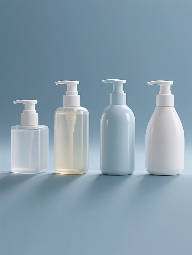 超写实3D渲染，四瓶不同样式外观的沐浴露，排列整齐，纯色背景，高光泽塑料材质，光滑瓶身，按压泵头设计，精准光影投射，柔和阴影，清晰边缘，极简风格，产品展示效果，专业摄影级质感，细节丰富，色彩纯净，无文字标识。