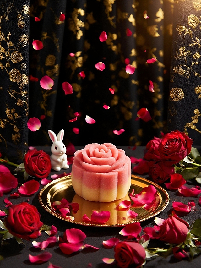 梦幻浪漫的中式玫瑰月饼，鎏金背景衬托奢华优雅，超现实主义手法营造唯美感。