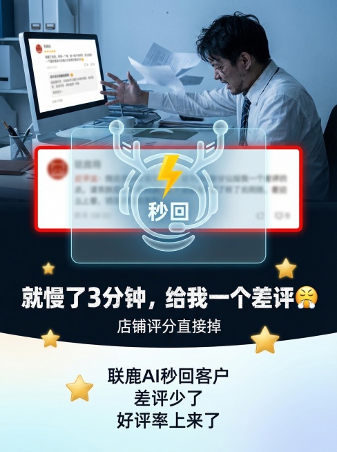 电商差评焦虑场景海报，尺寸3:4，整体色调偏冷，营造焦虑情绪，上半部分：人物拍桌子动作，电脑屏幕显示一条模糊处理的差评，中间部分：使用提供的浅蓝色线稿联鹿AI机器人形象弹窗覆盖差评位置，弹窗带有"秒回预览效果