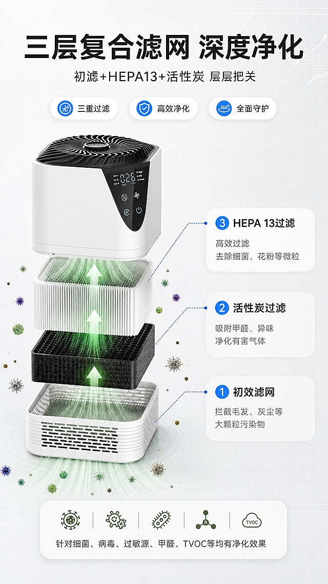[商品] 使用【图4】瑞沃弗MAK-T桌面净化器（正确产品图，方形白色机身、黑色顶部螺旋风口、正面黑色数显面板）；保留产品真实结构、颜色、比例和数显屏；参考【图2】滤网分层结构，将产品做竖向分层爆炸效果，从下到上依次展示：初效滤网（最底层）、活性炭过滤层（中间黑色层）、HEPA 13过滤层（上部白色褶皱层）、顶部主机部分；每层之间有间隙，配绿色气流从下往上流动示意，周围漂浮细菌、粉尘、甲醛等污染物微粒图标。
[画面] 目标：重新生成第4张滤网技术解析页，参考【图1】的版式风格但使用正确产品外观。构图：左侧产品竖向分层爆炸图占55%，右侧三层滤网文字说明占45%。背景为浅灰带细微科技网格，清新绿色调点缀。阅读动线从左到右，从产品分层到文字说明。
[视觉] 套系策略：风格=国内电商科技清新风商业摄影；标题字=现代无衬线粗黑体；正文字=简洁无衬线体；主色=纯净白+浅灰；背景延展=基于白灰做深浅层级、同色渐变和细腻磨砂/纸张质感；强调色=科技蓝(#2E7FFF)，仅用于小面积图标、引线、标签和数字高亮；标题色=深炭灰；正文色=中暖灰；组件=圆角浅底信息卡、细线引线、胶囊形卖点标签；光影=左前侧柔和自然光+产品底部自然阴影。
[文字] 顶部主标题："三层复合滤网 深度净化"；副标题："初滤+HEPA13+活性炭 层层把关"；顶部3个胶囊标签："三重过滤"、"高效净化"、"全面守护"；右侧三层滤网编号说明："① 初效滤网 拦截毛发、灰尘等大颗粒污染物"、"② 活性炭过滤 吸附甲醛、异味 净化有害气体"、"③ HEPA 13过滤 高效过滤 去除细菌、花粉等微粒"；底部圆角信息卡配图标："针对细菌、病毒、过敏源、甲醛、TVOC等均有净化效果"；文字全部横向排版。
[规格] 图片比例9:16竖版，4K，避免变形、错字、文字过小、产品外观错误（禁止圆柱形）、结构失真、医疗功效宣称、极限词。