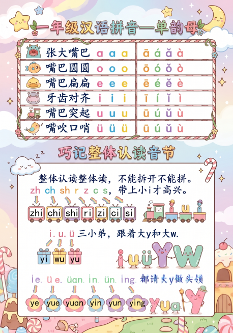 在原图基础上修改，增添趣味性，丰富字体颜色，给一年级汉语拼音单韵母和巧记整体认读音节添加可爱卡通风格背景，将不同拼音字体改成鲜艳活泼的马卡龙多色，保留所有文字内容和排版不变，适合幼儿园小朋友预览效果