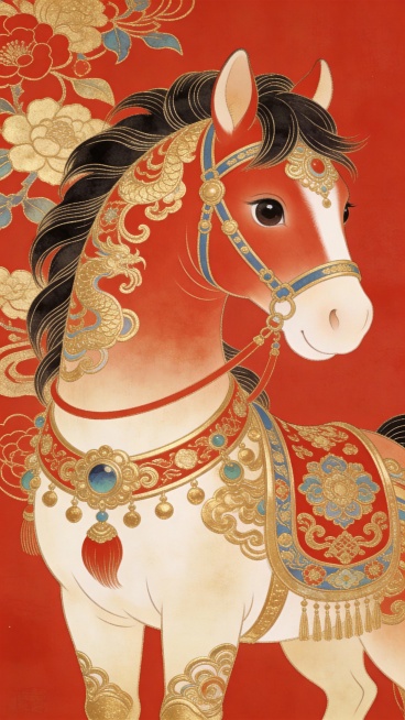 非遗文化马年新春大奖海报，一匹艺术化骏马，融合中国传统绘画、工笔重彩与现代插画，萌而不幼，典雅华贵，红金配色，细节极致，国家级非遗美学，收藏级杰作，超高清。无文字预览效果