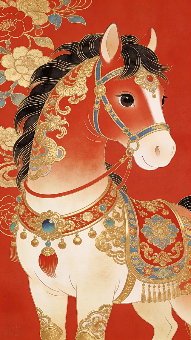 工笔风骏马，融国潮与鎏金元素，刺绣纹样华丽，浮雕质感凸显古典奢华，红金配色尽显喜庆祥瑞。