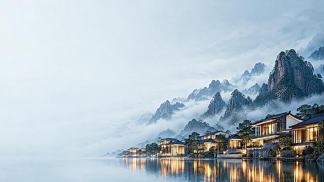 参考图的黄山奇峰、水墨云海、现代徽派建筑质感、水面暖金倒影全部保留。构图大改：强制画面左侧和上方变为极大的纯色留白，留白占据画面的40%，绝不要水波纹和杂乱的石头。将山峰和现代徽派水街建筑压缩在画面右下方。主体微调：建筑群要有水街的层次错落，透出的暖金色灯光更亮一点，强化"金印"效果。色彩以墨青、黛蓝、月白为主，香槟金点缀。氛围极其安静、克制、留白、禅意、安缦酒店级别。顶级东方人文风景建筑摄影，国际奢华度假区PPT封面背景，16:9宽高比，摄影质感，高清细节，raw风格。无人物，无飞鸟，无文字，无水印。