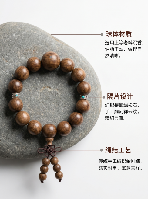 [主图 2] 核心亮点展示-中式手串核心工艺解析图。[氛围风格] 简洁大气高级感，中国特色风格，空间层次分明。[画质] 商业摄影质感、光线柔和通透、产品清晰真实、画面干净高级。[元素] 手串平铺在素雅预览效果