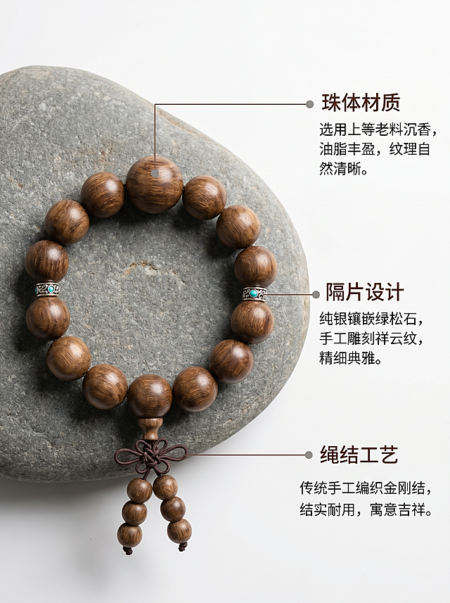 [主图 2] 核心亮点展示-中式手串核心工艺解析图。[氛围风格] 简洁大气高级感，中国特色风格，空间层次分明。[画质] 商业摄影质感、光线柔和通透、产品清晰真实、画面干净高级。[元素] 手串平铺在素雅原石板上，用极细引线标注核心部位，分别对应珠体材质、隔片设计、绳结工艺三个核心亮点。保持手串外观纹理、材质颜色真实一致，杜绝变形和色差。商品主体占比约70%，留有足够文案空间，画面干净不拥挤。[光影] 顶侧柔光为主，均匀打亮整个手串，清晰突出每个标注部位的细节，引线纤细清晰不遮挡产品。明暗过渡自然，质感温润。[配色] 原石灰白背景，深棕色引线和文字，素雅对比清晰。[视角构图] 平俯视视角，全手串清晰展示，构图均衡，留白充足，空间感强。[文字版式] 每个引线末端为浅灰色小圆点，对应右方排列说明文字，文字左对齐，大小对比清晰，主标注名称加粗，说明文字纤细，不抢产品主体，深棕色文字与背景对比分明。[比例分辨率] 3:4比例，2k分辨率；文字清晰锐利，超高清。[负向提示词] 变形，水印，文字错乱，产品图模糊，背景杂乱，遮挡主体，粗线遮挡，违规文字。