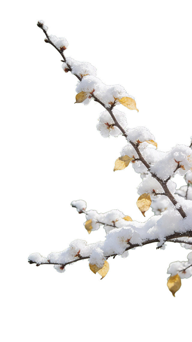 写实摄影，一丛落雪的梅花树枝从画面右侧伸出，斜指向画面左上角，枝桠纤细，局部残留少量浅黄枯叶。树枝完整无裁切，抠出后放在纯绿色背景上