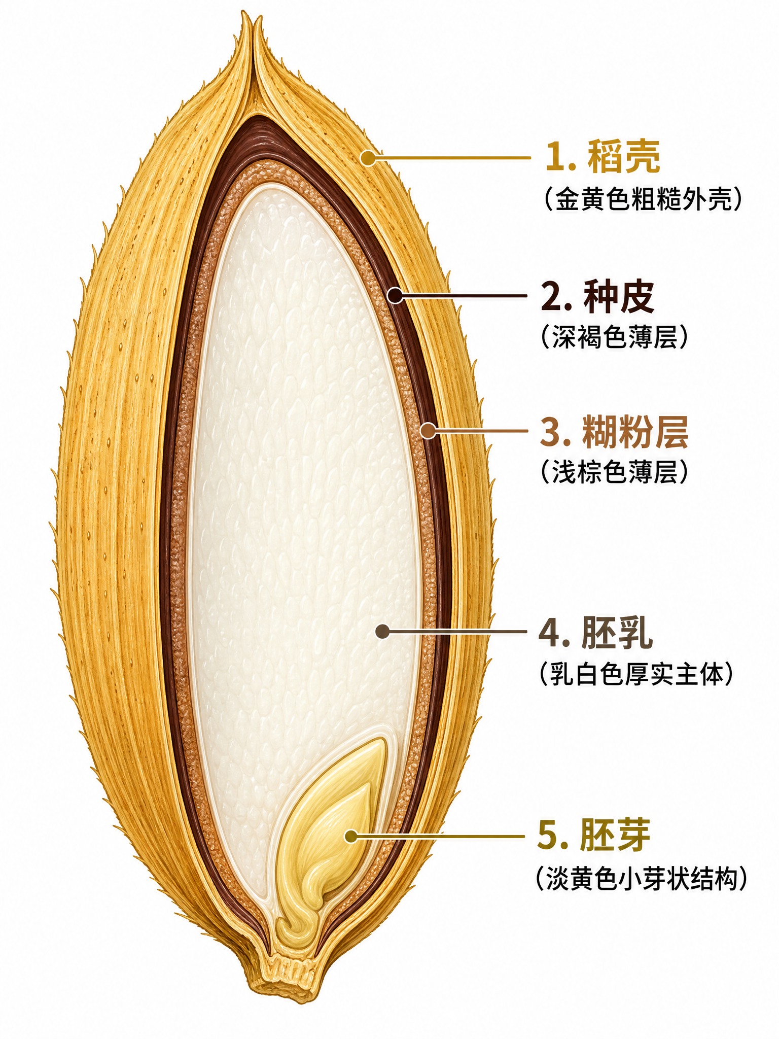 一粒稻谷的剖面结构示意图，从外到内依次清晰标注五层结构：最外层… - 图片创意预览