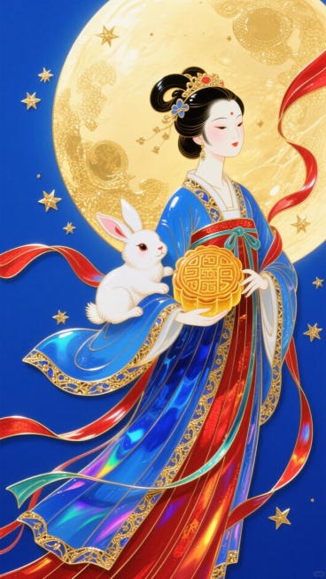 身着传统汉服的女子，身旁有玉兔抱月饼，背景是金色满月、星星，红色飘带装饰，整体色调以蓝、金、红为主预览效果