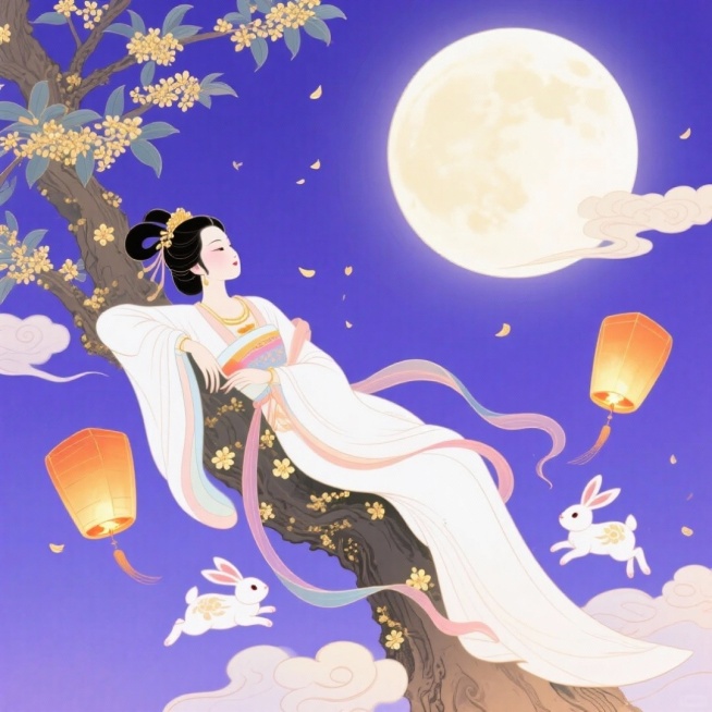 中心是嫦娥依躺在桂花树上，周围有玉兔互动，融入圆月、孔明灯、祥云等中秋元素，背景深蓝紫色夜空，色彩柔和明亮，营造温暖这中秋氛围预览效果