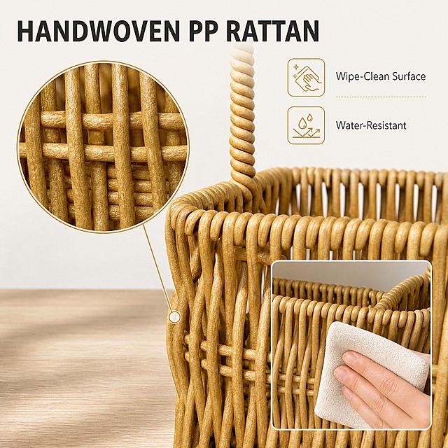 [主图-3] PP Rattan Woven Square Storage Basket with Handle 材质与耐用细节图，唯一任务是证明手编 PP 藤的纹理质感与防水易擦拭。
[统一基调] 整体为干净温暖的自然家居风亚马逊信息图；背景主色暖象牙白 #F7F4EF 搭配浅橡木色台面；标题字色深炭黑 #262626；辅助字色暖灰 #6B6459；强调色暖蜂蜜金 #C98A3E；全套只用一种几何无衬线字体外观，标题最粗最大，辅助文案字号缩小一半以上；组件只用蜂蜜金细线图标、圆角半透明浅底标注框与轻微柔和阴影，不使用厚重色块、大面积通栏和装饰边框。
[画面] 产品置于画面右下斜向摆放，占画面约 55%，镜头贴近篮身侧壁做微距特写，放大交叉编织纹理，能看清每根 PP 藤条的立体弧度、编织走向与密度；左上角一个圆形放大镜式小窗展示同款纹理的更大倍率细节；右侧一个圆角半透明浅底小窗展示一只手用微湿的浅色软布擦拭篮身表面的一小块区域，擦拭后表面干净、无积水反光；篮身保持与输入图一致的蜂蜜金色与方形编织结构。
[光影质感] 侧逆光塑造藤条立体阴影，哑光表面有细小高光，微距质感真实，无油光、无水渍。
[配色] 沿用当前组统一视觉，蜂蜜金强调色只出现在细线标注与图标。
[文字版式] 主标题左上横排 "HANDWOVEN PP RATTAN"；右侧分行排布辅助标签 "Wipe-Clean Surface" 与 "Water-Resistant"，字号小于主标题一半；文字无逗号，不遮挡产品。
[输出要求] 1:1；纹理微距清晰、文字清晰；产品颜色与结构一致。
[负向] 变形、纹理糊化、塑料假材质、错字、中文、水印、品牌 Logo、食物、油污、水渍积水、手指畸形、无关道具。