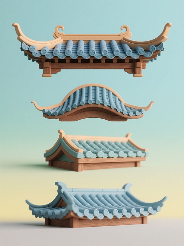 一组四个中国传统古建筑屋檐造型的系列素材集合，每个屋檐保持相同的基本结构元素（包括棕色木质基座、两端向上翘起的飞檐、蓝色瓦片及瓦片上的圆形装饰），但具有完全不同的造型设计：第一个为标准直线型屋檐，第二个为中间略高的弧形屋檐，第三个为左右不对称的错落式屋檐，第四个为带有轻微波浪起伏的曲线形屋檐。所有屋檐采用软3D风格，表面有细腻的材质纹理和柔和的光影过渡，每个屋檐分别置于不同的纯色背景上（如浅蓝、浅绿、浅黄、浅灰），整体色彩明快协调，四个元素以2x2的规整网格排布，画面简洁清晰，具有统一的设计感和系列性。