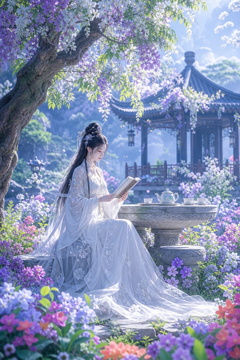 3D唯美古风CG插画，绿意盎然花团锦簇的青翠山林中，有一座精致… - 图片创意预览