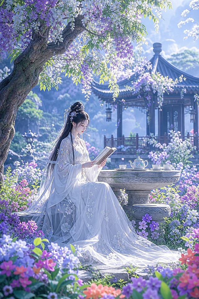 3D唯美古风CG插画，绿意盎然花团锦簇的青翠山林中，有一座精致阁楼小院，小院周围繁花似锦，五颜六色色彩斑斓，院中有一株巨大花树，花树下有一张精巧石桌，石桌前的石凳上坐着一位绝美女子，面容清冷，一袭华丽白色长裙，青丝如云，高鬓云髻，一只手拿着一本书册，正细细研读，旁边石桌上放着一套茶壶和茶杯。远处背景虚化。明亮的自然日光和柔和的漫射光，绝对不要任何泛黄的暖色调滤镜，不要写实照片感，营造梦幻、空灵、没有重量的仙气氛围