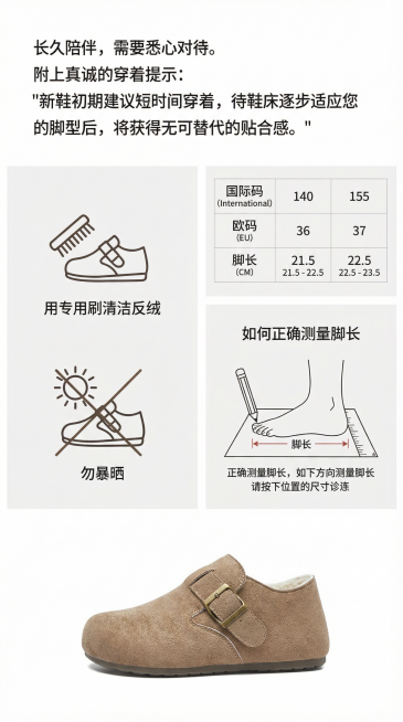 视觉： 左半部分：用简约图标展示护理要点（如：用专用刷清洁反绒，勿暴晒等）。右半部分：清晰的尺码表（建议对照国际码/欧码/脚长cm），并附上一张“如何正确测量脚长”的示意图。

文案： 长久陪伴，需要预览效果
