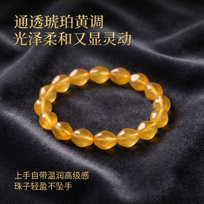 这张图片是产品主体这款产品是蜜蜡手串  我需要设计10张主图在拼多多上面售卖   主图设计整体显得高级一些  主图文案内容   通透琥珀黄调 光泽柔和又显灵动 上手自带温润高级感 珠子轻盈不坠手预览效果