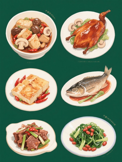 一组6个中国传统美食的插画集合，保持与原图一致的手绘水彩风格，厚重笔触与明亮色彩，每个美食都有高光和阴影细节，纯色背景，规整排布。包含：鸡块炖蘑菇、北京烤鸭（鸭皮带有脆皮光泽）、香煎豆腐（嫩豆腐块有焦预览效果
