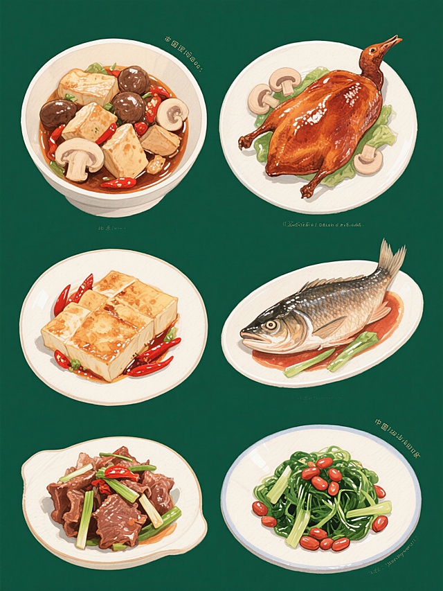 一组6个中国传统美食的插画集合，保持与原图一致的手绘水彩风格，厚重笔触与明亮色彩，每个美食都有高光和阴影细节，纯色背景，规整排布。包含：鸡块炖蘑菇、北京烤鸭（鸭皮带有脆皮光泽）、香煎豆腐（嫩豆腐块有焦香的焦皮）、水煮鱼（鱼肉块、红辣椒段和红油的混合）、葱爆羊肉（羊肉和葱段的组合）、凉拌菠菜（烫熟的菠菜和红花生豆的组合）。