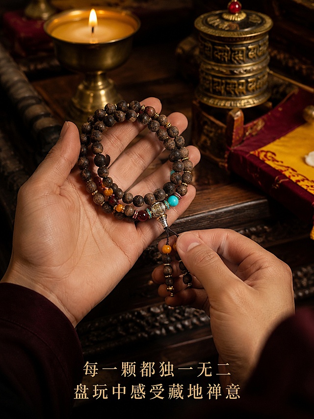 「图片1」「图片1」全程不得更改上传原图沉香手串的珠子数量、珠径、天然木纹、油线分布、深浅色泽、串型结构；全程温润哑光沉香原生质感，拒绝塑料光泽、过度提亮；要有产品展示图和穿戴效果图，风格新中式风格，8K 电商商业实拍，我要5张主图，8张详情图（种植沉香，产品信息：藏式多宝佛头沉香手串，珠径：8.5mm，克重：33.8克，颗数：59颗）
