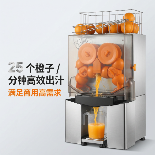 1:1竖版电商主图，严格还原商用全自动橙汁机产品图，包括底部接汁杯、出汁口、操作舱等细节，产品外观与参考图完全一致，保持不锈钢高光质感、透明塑料质感、橙色部件质感。画面展示橙汁机出汁过程，鲜橙汁从出汁预览效果