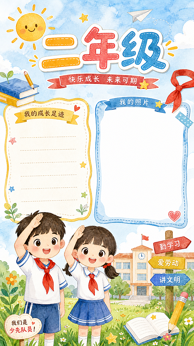 二年级毕业纪念册展示页，卡通手绘水彩风格，小学生风格，大标题"二年级"，两个空白框留作填写文案和粘贴照片，增加可爱小学生娃娃形象，点缀红领巾、书本、太阳等校园元素，色彩明亮清新，符合二年级成为少先队员的氛围