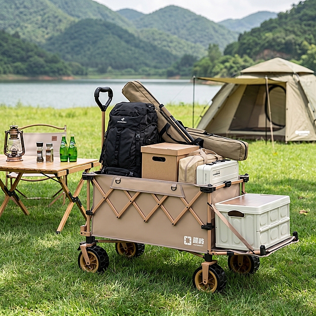 8K 超高清商业产品摄影，佳能 5D4 相机，f/3.5 光圈，户外山野露营场景，柔和山间白日自然光，自然通透写实色调，平视中景构图；画面核心主体：一辆推车，推车外观、角度完全参考提供的图片素材不做任何更改，推车带拖斗；推车车斗内部装满全套露营装备：黑色大容量户外背包、长条形收纳渔具 / 天幕杆包、牛皮纸收纳箱、米色折叠布袋、白色便携卡式炉箱，装备错落堆满车斗，层次丰富；拖斗上放两个米白色收纳箱；背景环境：青翠平整草坪，远处平静湖泊湖水，连绵翠绿山林山脉，后方搭建一顶卡其色户外露营帐篷；左侧木质折叠露营桌，桌上摆放复古煤油露营灯、玻璃调味瓶、绿色饮品玻璃瓶、折叠露营椅；草地散落自然树影，远处山水层次柔和虚化；画质细节：推车主体对焦锐利，背景山水帐篷浅景深虚化，无杂乱多余杂物，清新治愈户外露营氛围，标准电商带货主图，光影均匀柔和无硬阴影，色彩自然真实，推车角度不进行任何改变