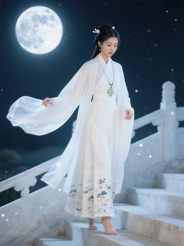 古典唯美的中式工笔风，优雅女子月下漫步，水墨意境，虚拟现实般梦幻。